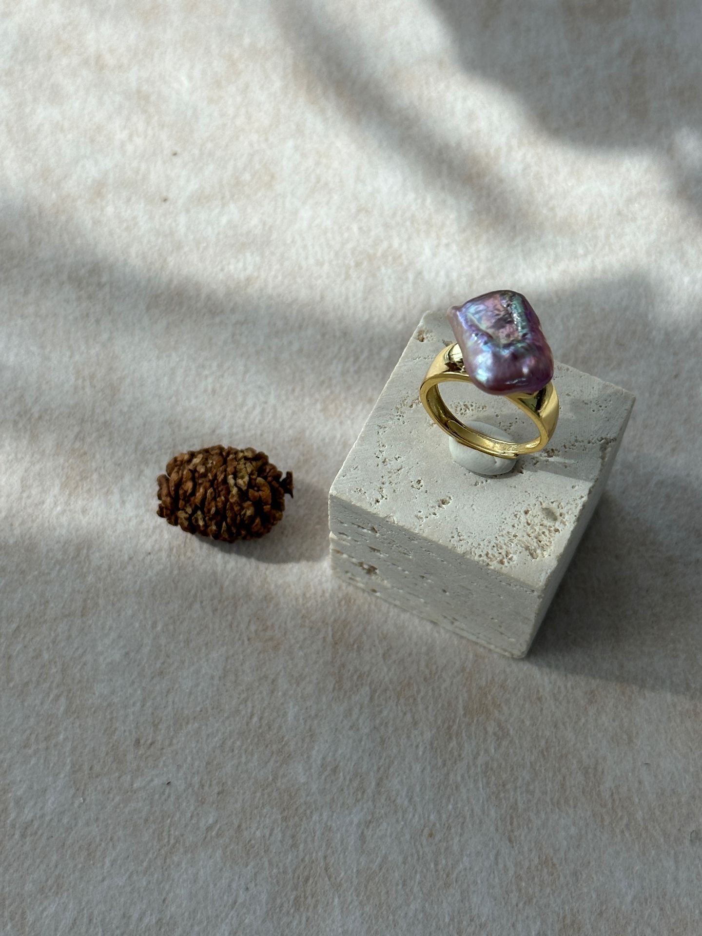 Iridescent Baroque Pearl Ring with 18K Gold-Plated Silver