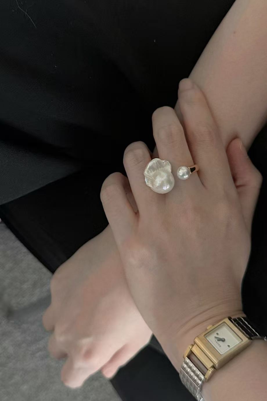 'Sister' Baroque & Round Pearl Open Gold Ring