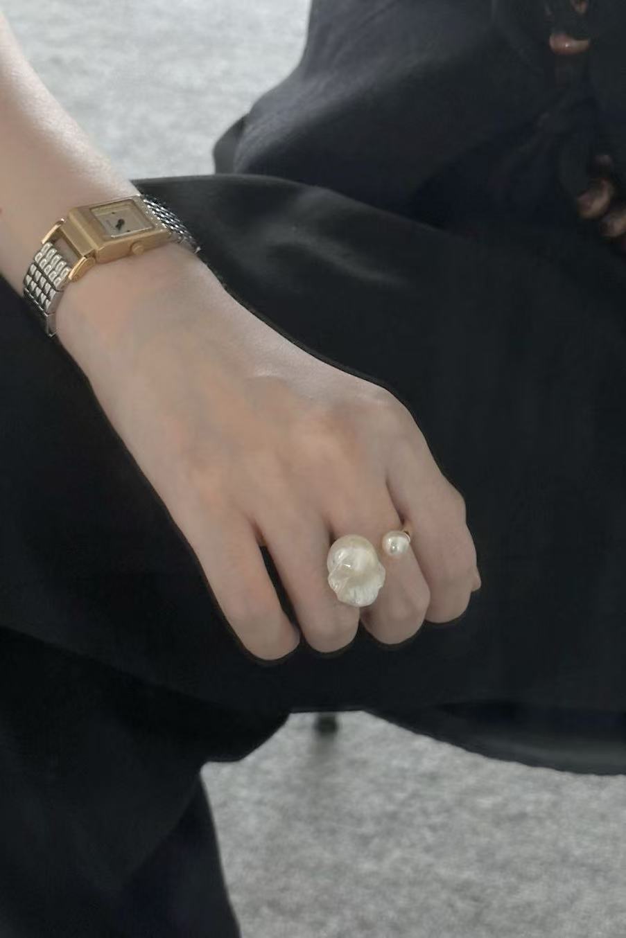 'Sister' Baroque & Round Pearl Open Gold Ring