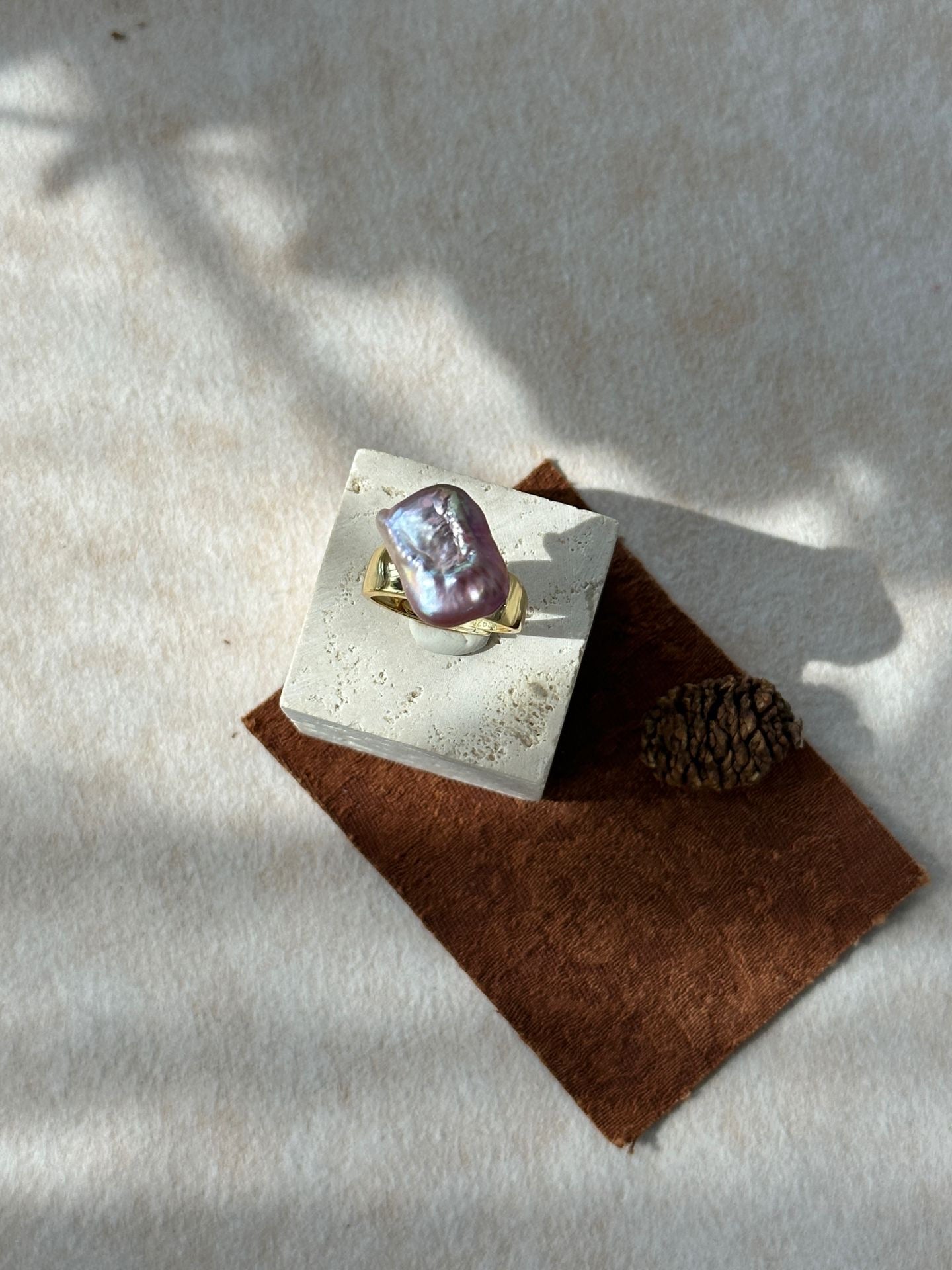 Iridescent Baroque Pearl Ring with 18K Gold-Plated Silver