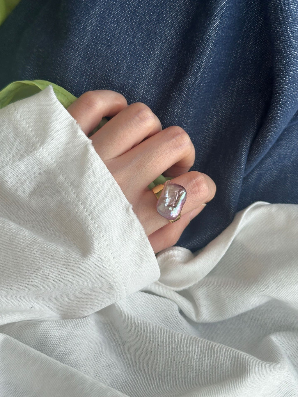 Iridescent Baroque Pearl Ring with 18K Gold-Plated Silver