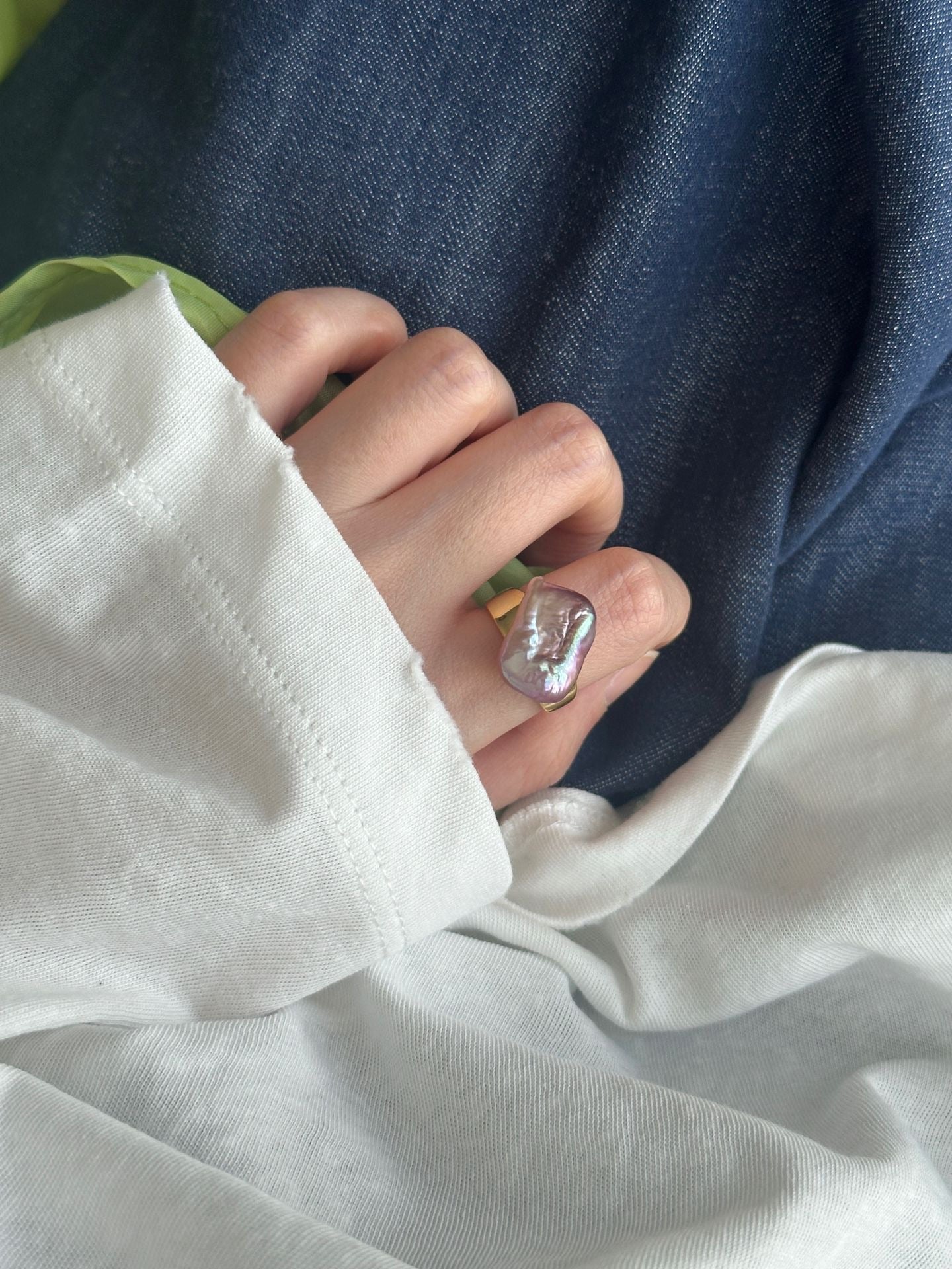 Iridescent Baroque Pearl Ring with 18K Gold-Plated Silver